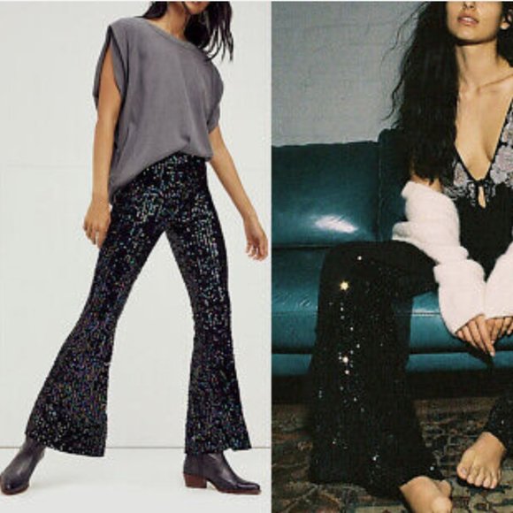Free People Black Rainbow Sequin Pull On Bell Bottoms - Picture 1 of 3